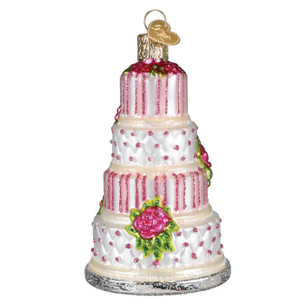 Elegant wedding cake ornament with white and pink icing, glittery roses, and gold heart cap christmas glass ornament
