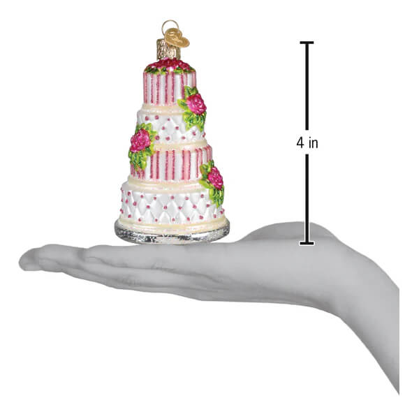 Elegant wedding cake ornament with pink and white striped tiers, green leaves, and bright pink roses christmas glass ornament
