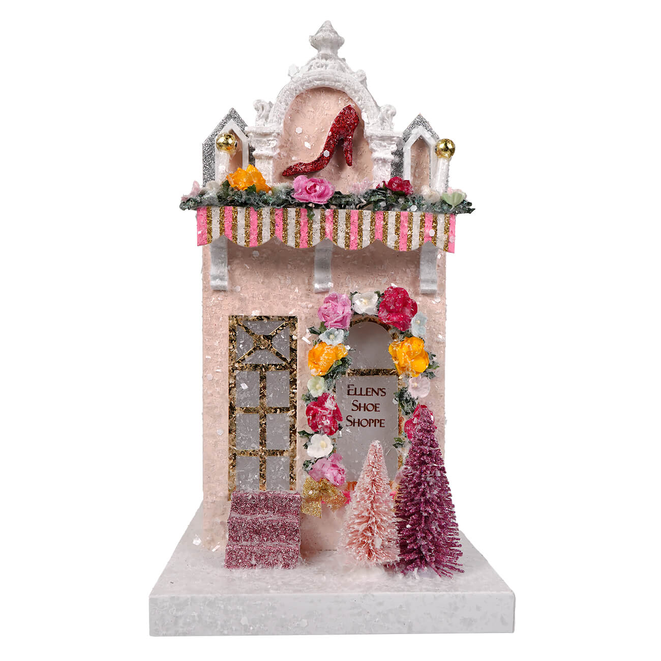 Ellen’s shoe shoppe glittery pink figurine with red high heel and floral garlands by cody foster with light cord