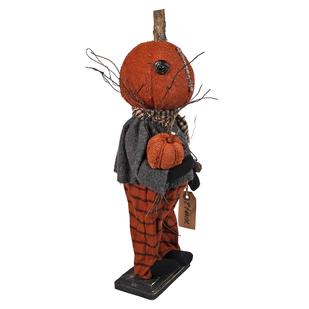 Whimsical pumpkin-headed figure wearing a gray jacket and striped orange pants.