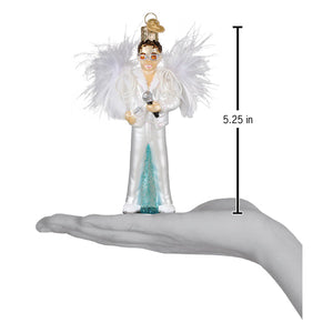 A glass figurine elton john ornament with feathered wings white sequined jumpsuit and gold hair for world christmas