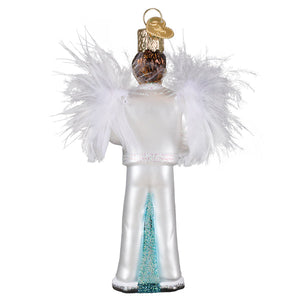 White feathered angel ornament with gold halo and glittery turquoise gown perfect for elton john greatest hits fans