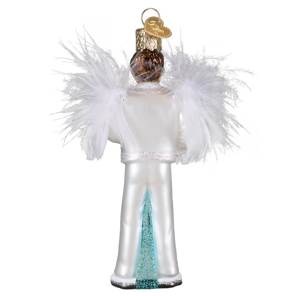 White feathered angel ornament with gold halo and glittery turquoise gown perfect for elton john greatest hits fans