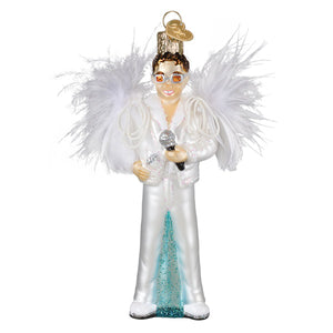 Glass elton john ornament in white sequined jumpsuit with turquoise glitter holding mic perfect for world christmas hits album