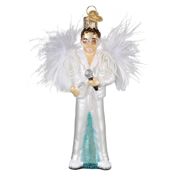 Glass elton john ornament in white sequined jumpsuit with turquoise glitter holding mic perfect for world christmas hits album