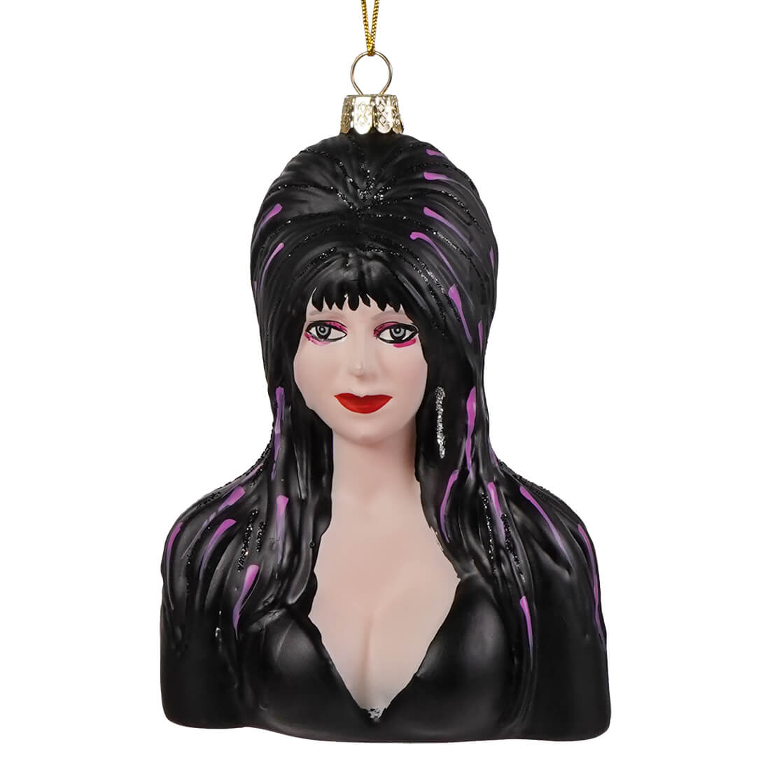 Black glass christmas ornament featuring elvira mistress bust with purple streaks red lips and silver earrings by cody foster