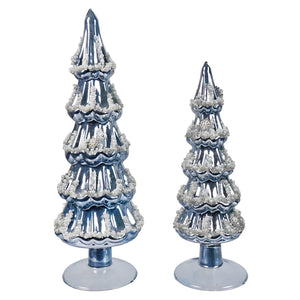 Two metallic silver vintage christmas village trees with beaded decorations and pearlized blue glass bases
