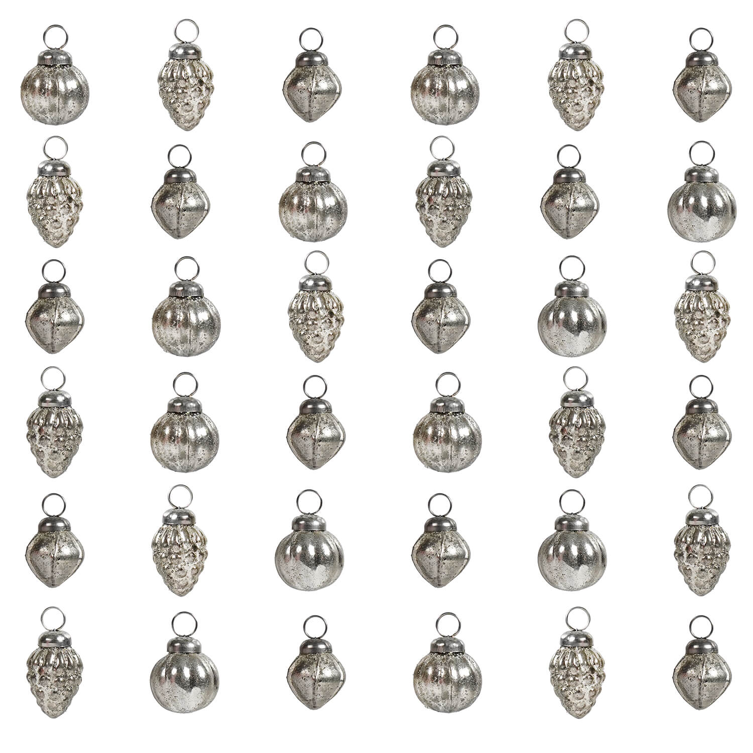 Silver mercury glass ornaments in embossed antique silver finish with round and pinecone shapes in muslin bag set