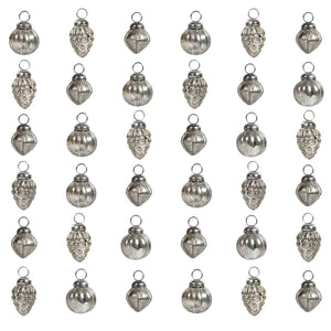 Silver mercury glass ornaments in embossed antique silver finish with round and pinecone shapes in muslin bag set