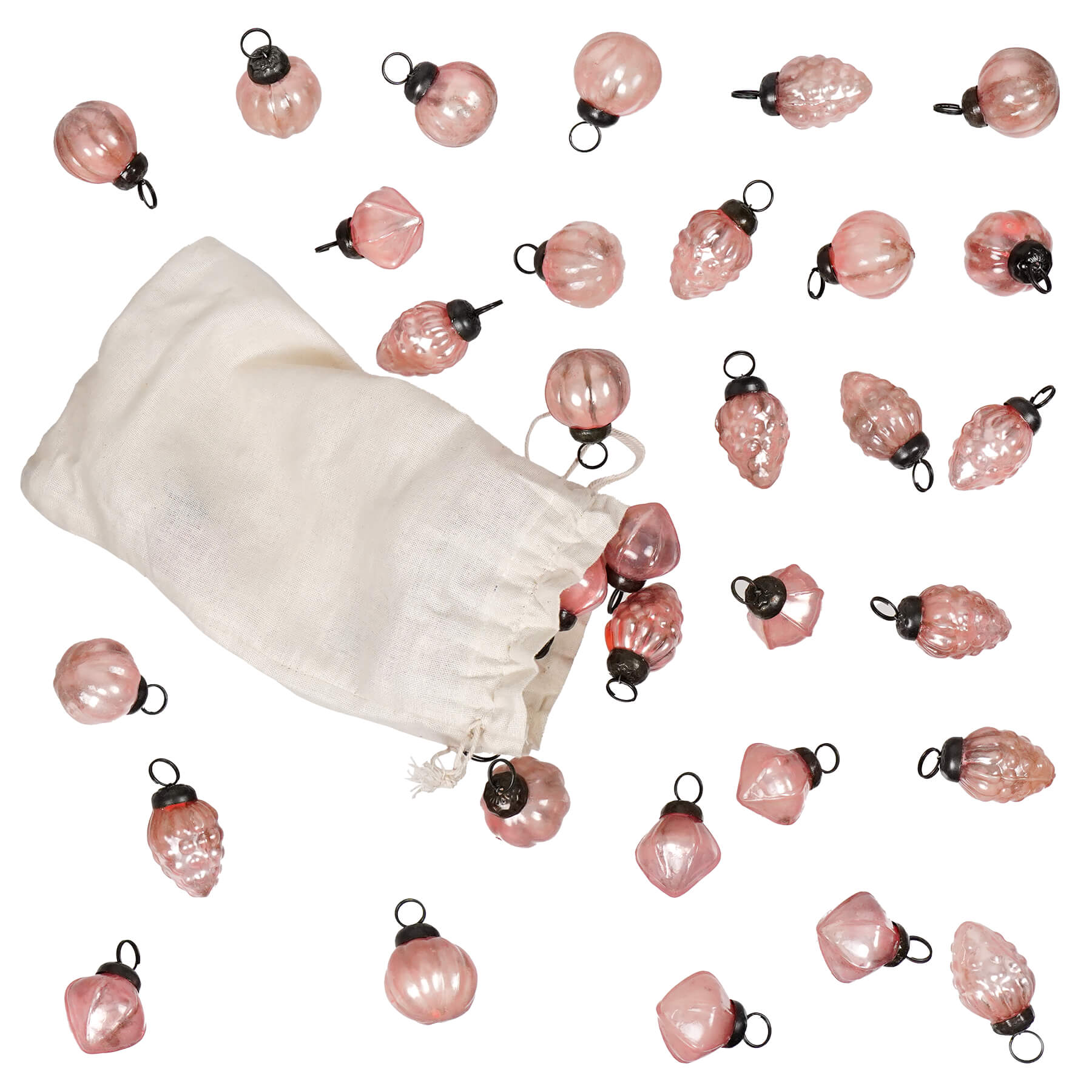 Embossed pink finished mercury glass ornaments with black metal caps in a muslin bag set of 36 miscellaneous glass ornaments