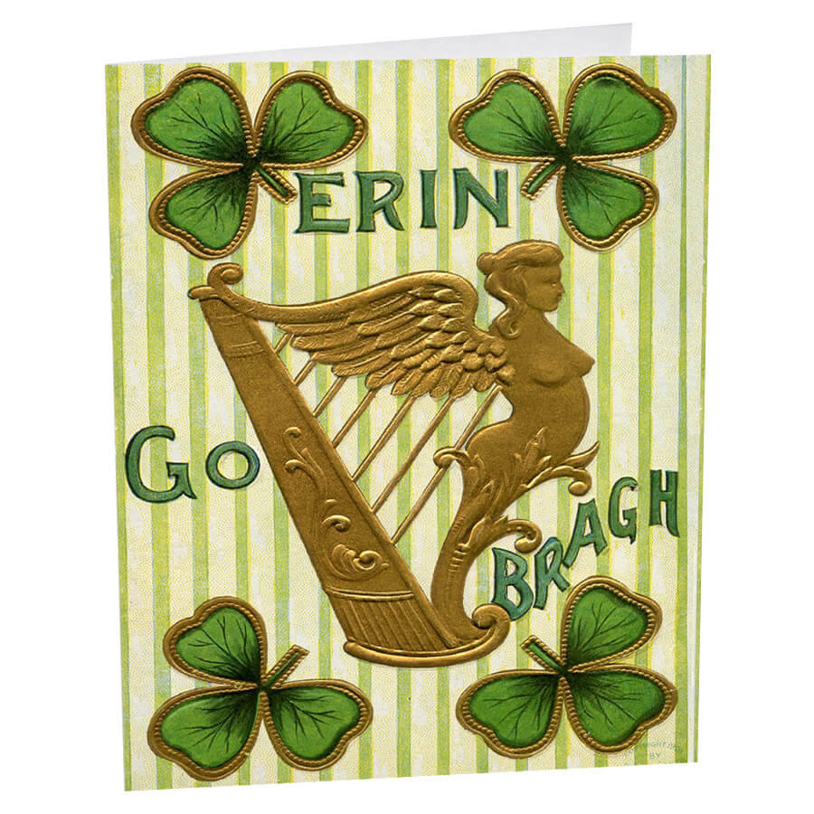 Golden harp with a winged female figure as its pillar, surrounded by green shamrocks.