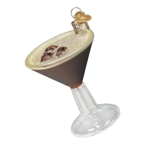 Dark brown glass espresso martini ornament with frothy white top and chocolate garnish world christmas glass ornament