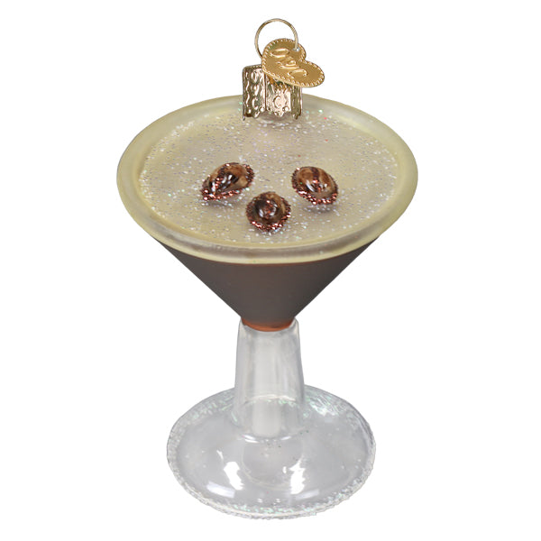 Clear glass espresso martini ornament with dark brown glittery liquid and copper olive charms for beverage & drink ornaments