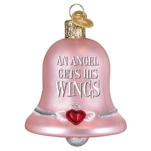 Pink glass bell rings ornament with silver lettering red winged heart and gold hanging loop for world christmas decor