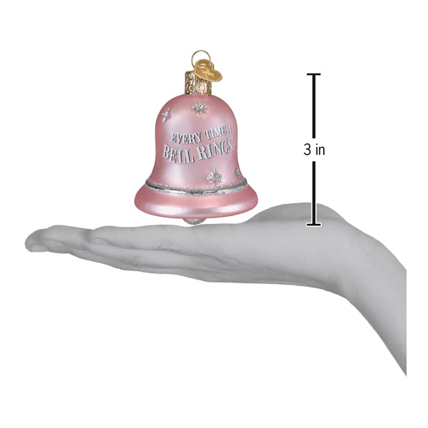 Delicate pink glass bell rings ornament with silver snowflakes and vintage gold clapper from world christmas collection