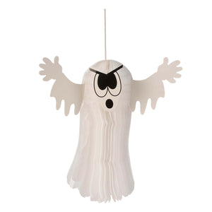 White paper ghost accordian hanging decoration set of 2 with black eyes and mouth featuring pleated texture