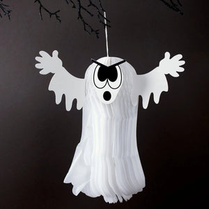 White paper ghost accordian paper hanging decoration with black eyes and mouth and pleated texture for halloween