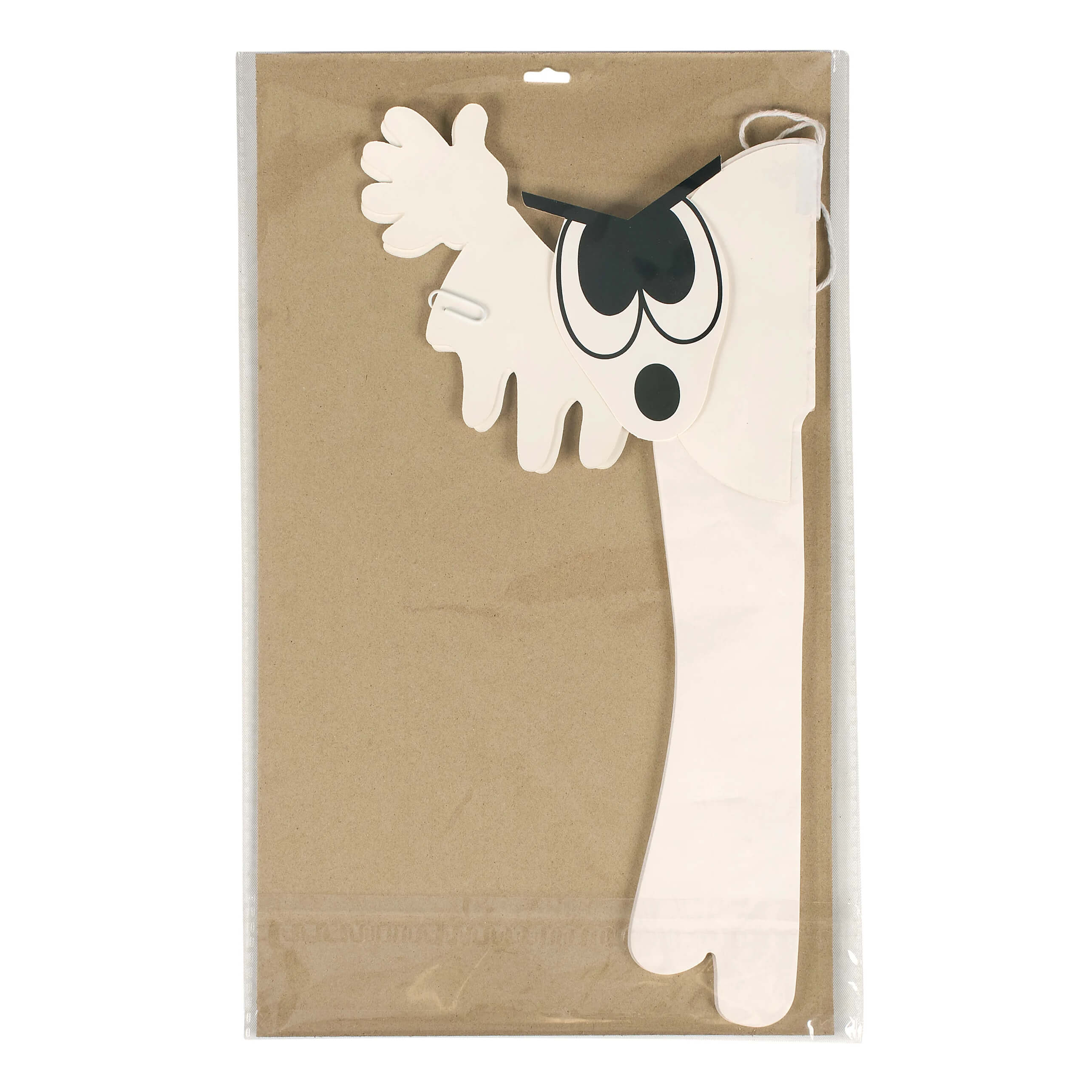 White paper ghost accordian with black eyes dot nose cut-out arms and smiling face paper hanging decoration