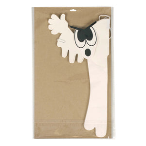 White paper ghost accordian with black eyes dot nose cut-out arms and smiling face paper hanging decoration