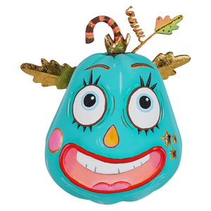 Whimsical turquoise pixie pumpkin figurine showcasing vibrant blue pumpkin design perfect for festive decor