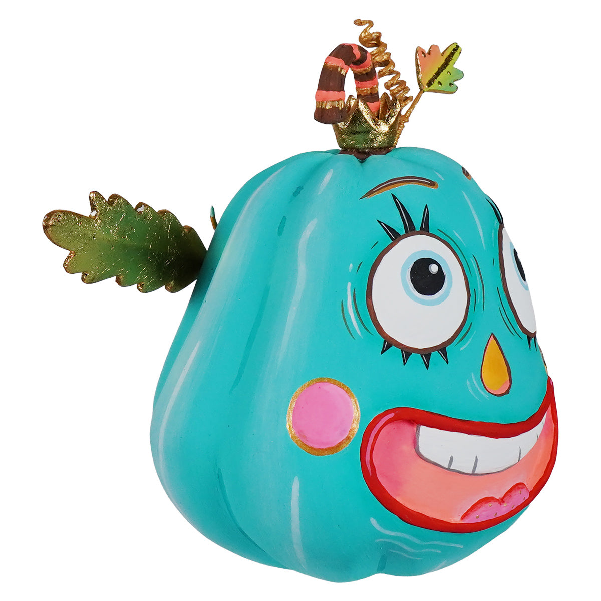 A turquoise pixie pumpkin ornament with a cartoonish face pink cheeks and gold leaf accents perfect halloween pumpkin decor
