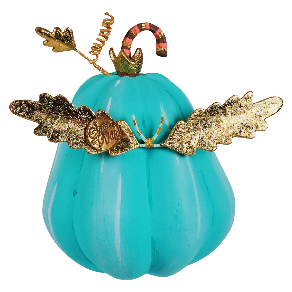 Exuberant turquoise pixie pumpkin ornament with gold leaf wings candy cane stem and engraved medallion