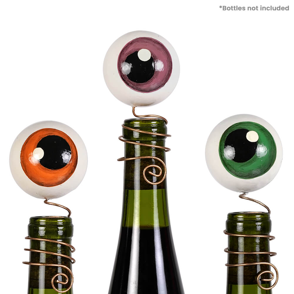 Eyeball wine bottle adornments set of 3 featuring colorful glass stoppers perfect for sealing bottles stylishly