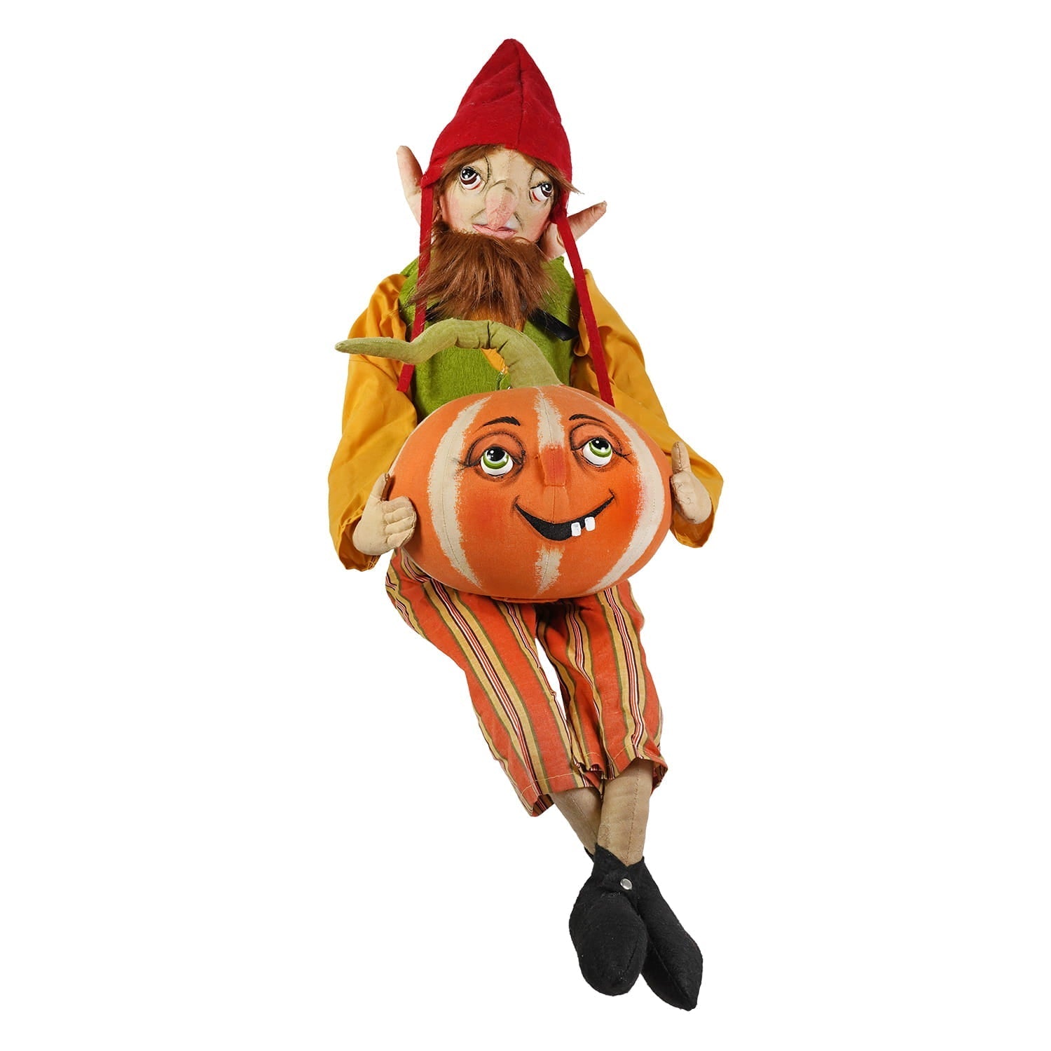 A plush ezekiel halloween elf in red hat yellow coat holding an orange pumpkin perfect for xanzabelle witch figural decor
