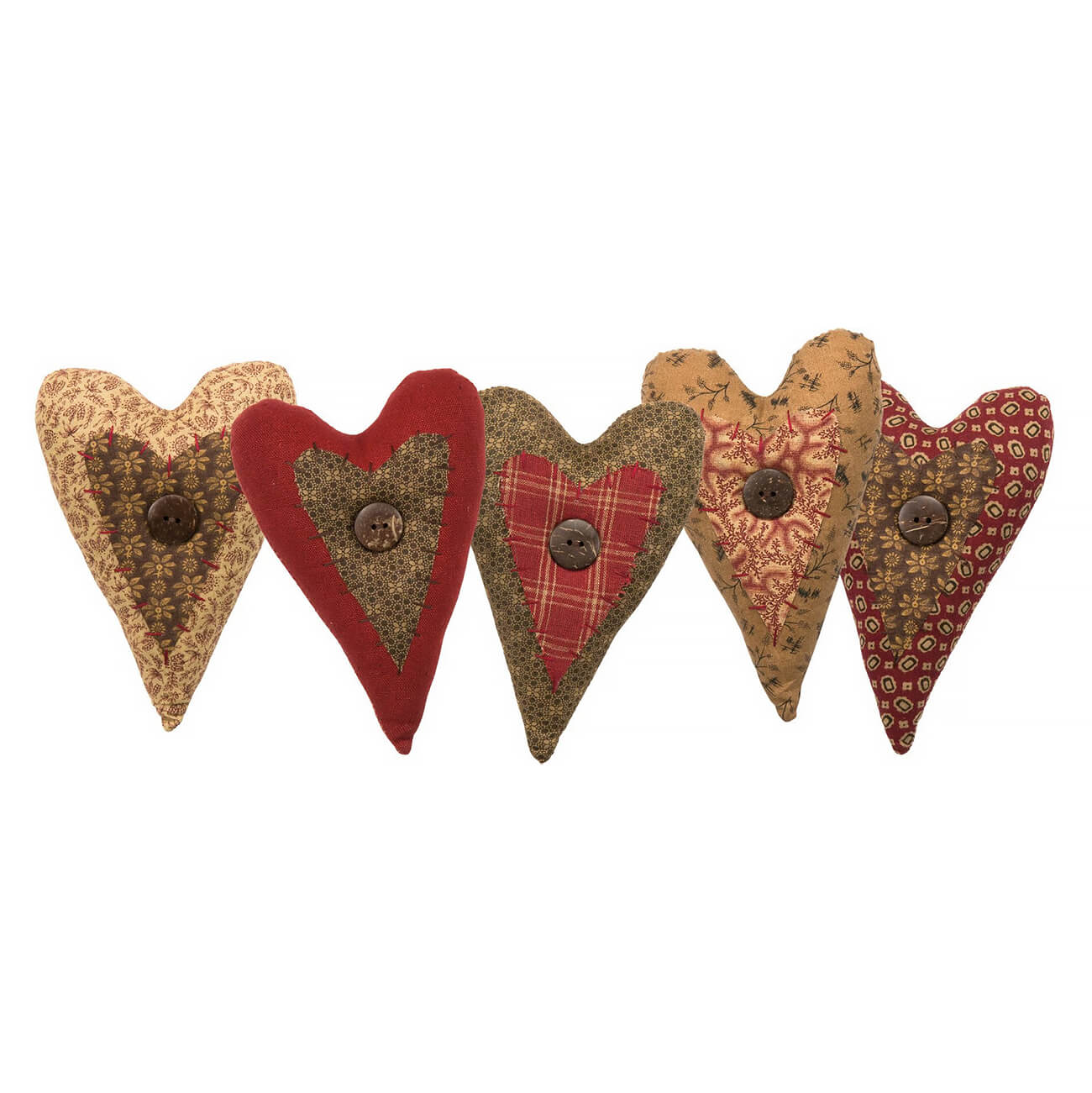 Set of five fabric heart patchwork pillows in rustic red beige and brown tones perfect as valentine’s day ornaments