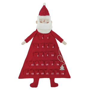 Santa Claus-shaped advent calendar with numbered pockets on a red fabric body.