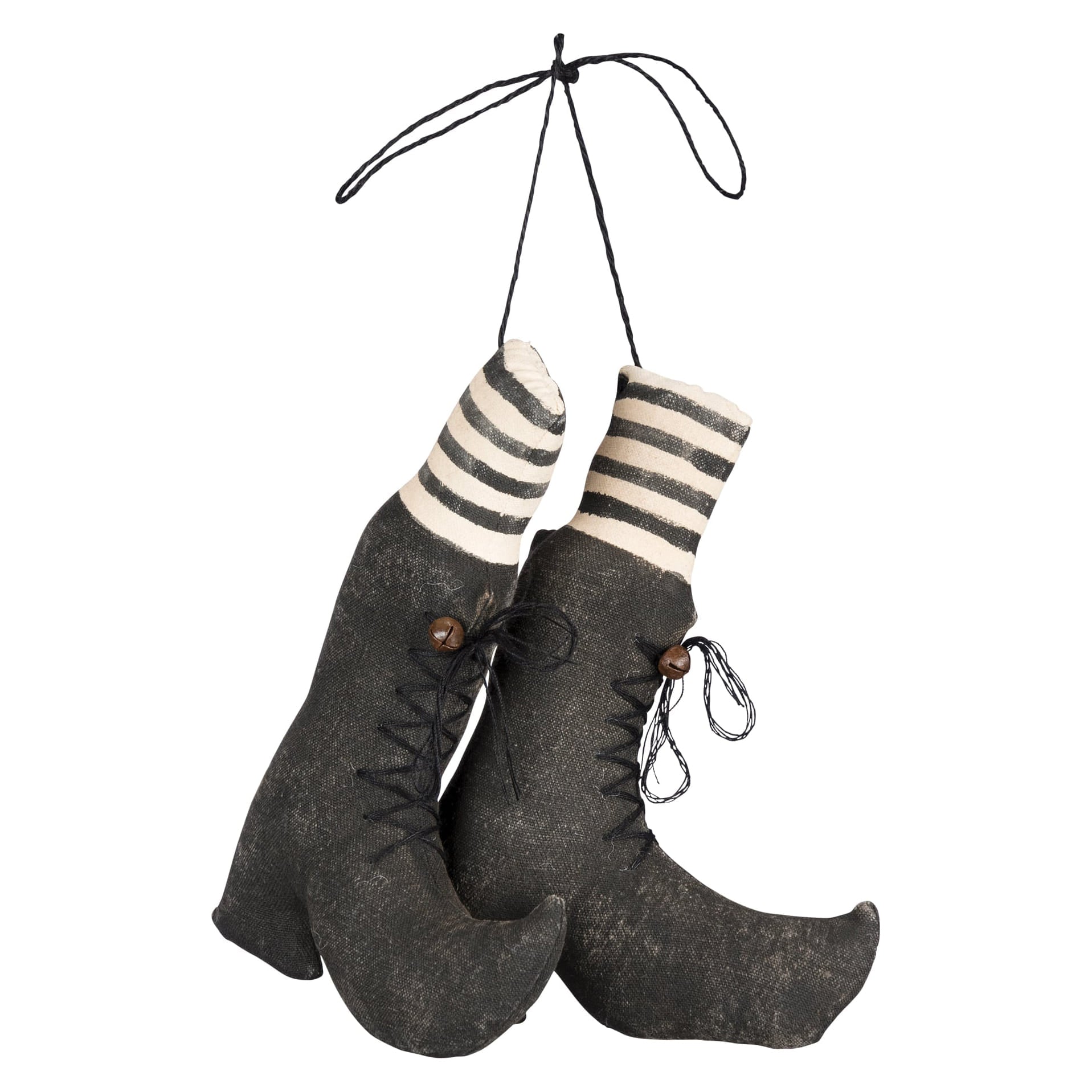 Fabric witches boots ornament with black and white stripes rustic fabric finish and wooden buttons perfect for halloween witches decor