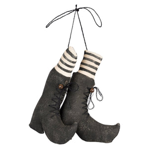 Fabric witches boots ornament with black and white stripes rustic fabric finish and wooden buttons perfect for halloween witches decor