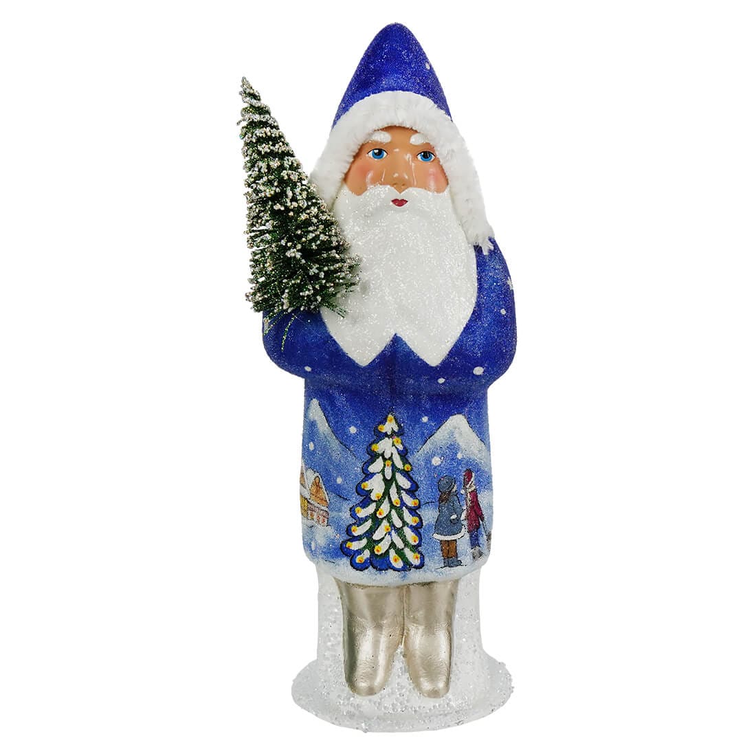 Faded Blue Santa With Snowy Village Scene