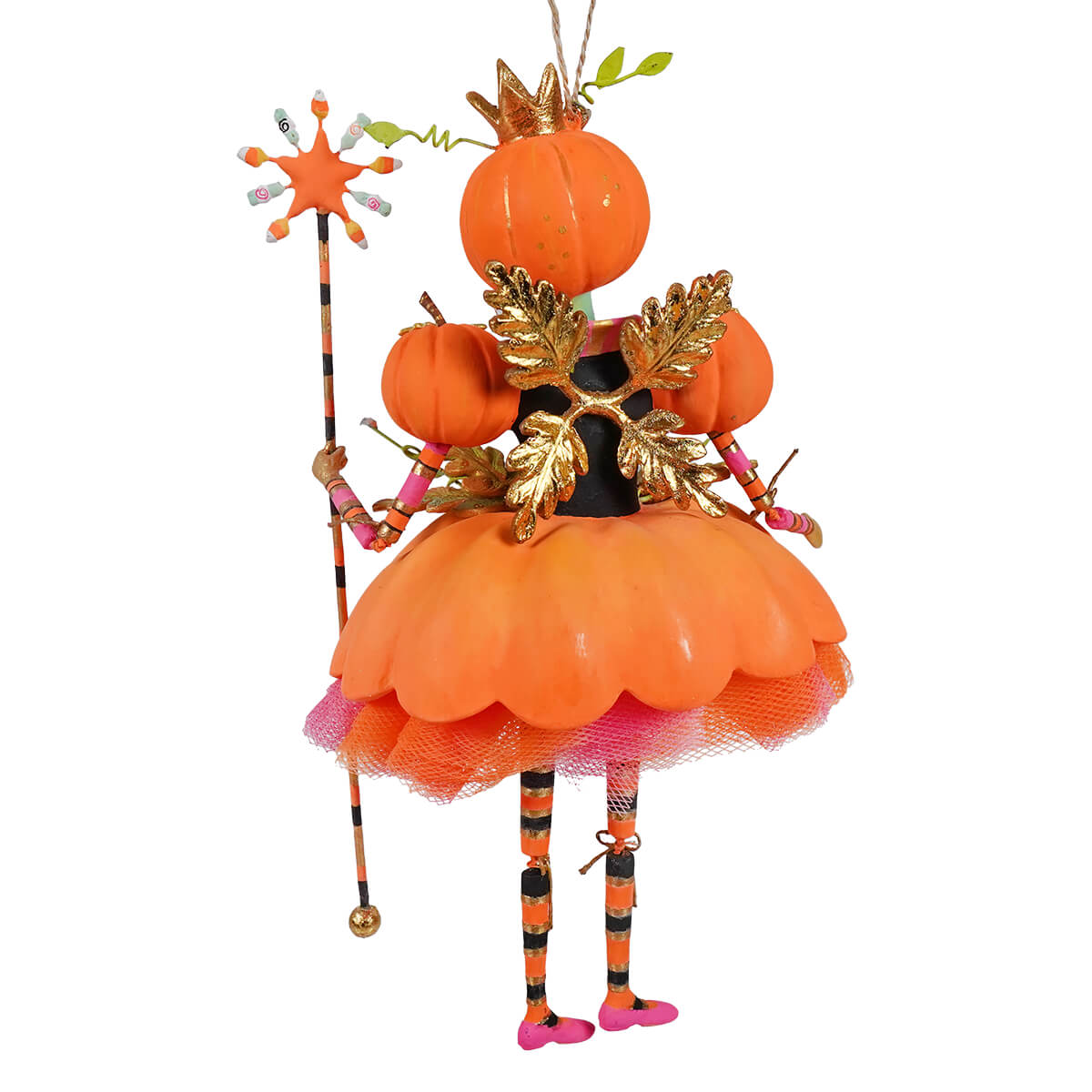 Orange pumpkin fairy gourdmother ornament with gold leaf accents and pink tutu skirt glitterville halloween ornament