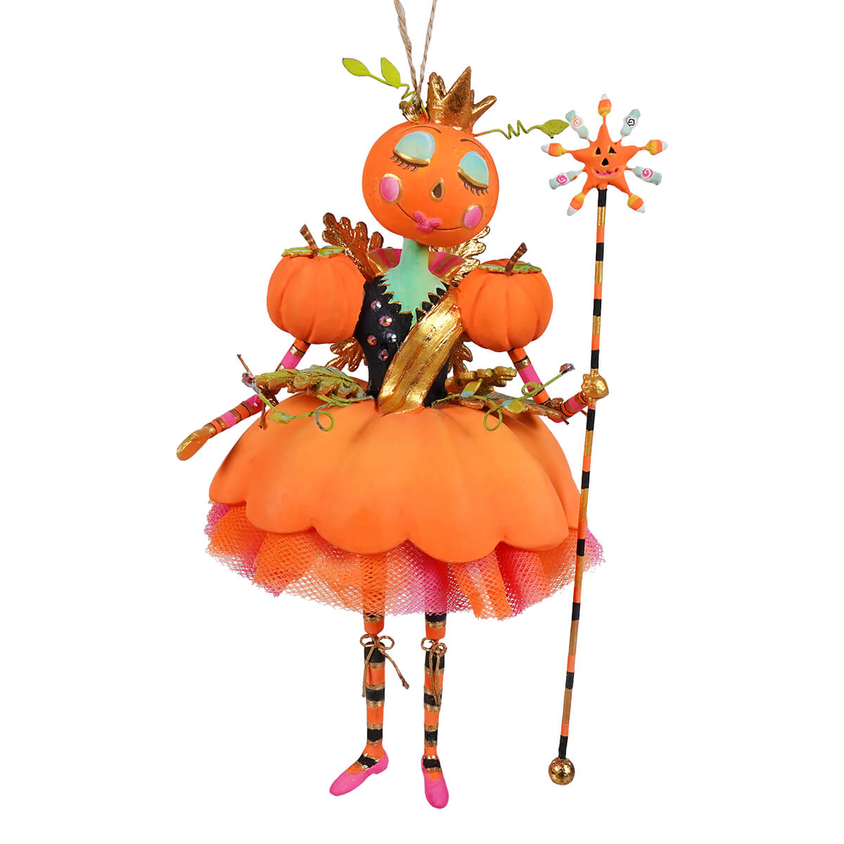 Whimsical pumpkin fairy glitterville ornament in orange and green perfect halloween ornaments for festive decor