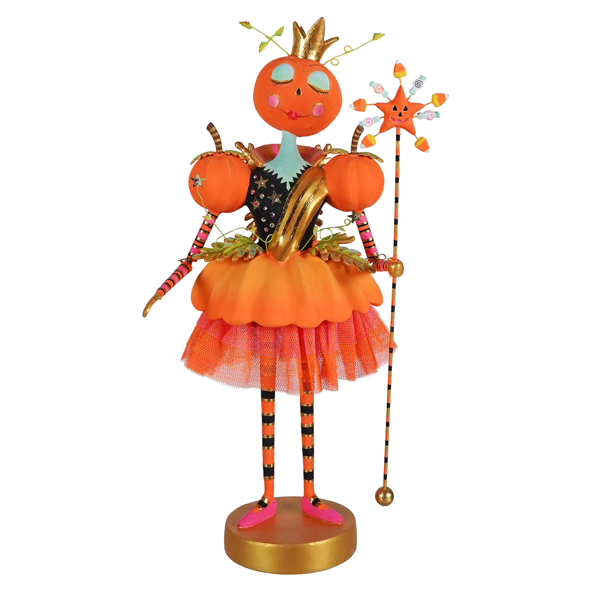 Fairy gourdmother tabletop edition is an orange enchanting pumpkin fairy figurine holding a candy-crowned wand and star decor