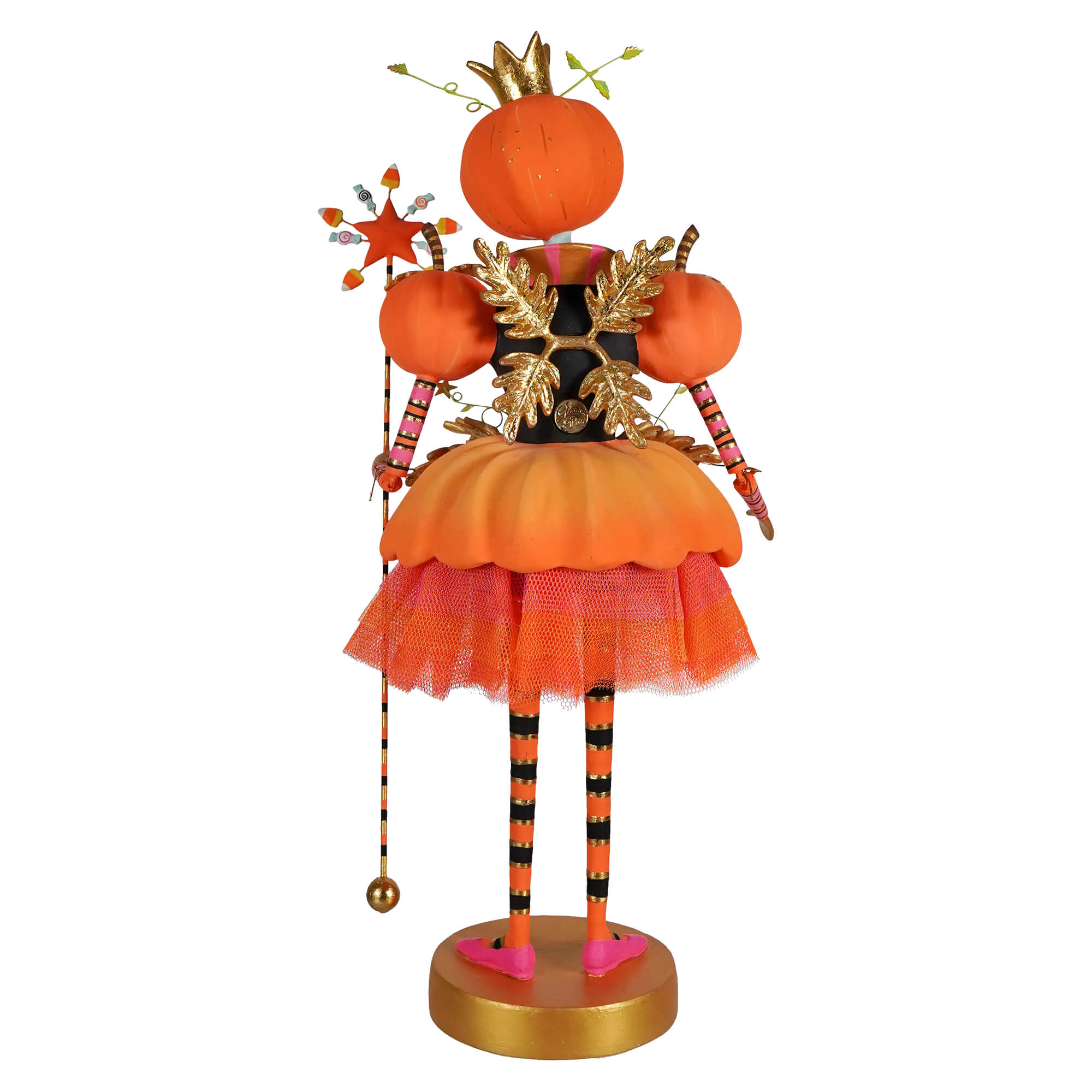 Whimsical halloween tabletop figurine fairy gourdmother with orange tutu and candy-crowned wand from glitterville collection