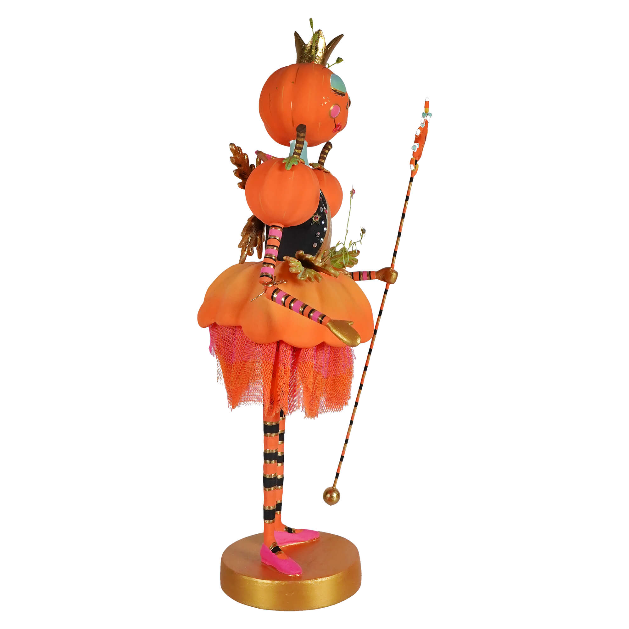Orange pumpkin-themed enchanting pumpkin fairy figurine with crown tutu and candy-crowned wand on gold base from glitterville collection