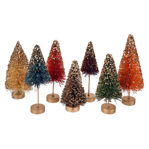 A set of seven colorful glitter-dusted bottle brush trees with metallic bases from the black stripes delights bottle brush trees set