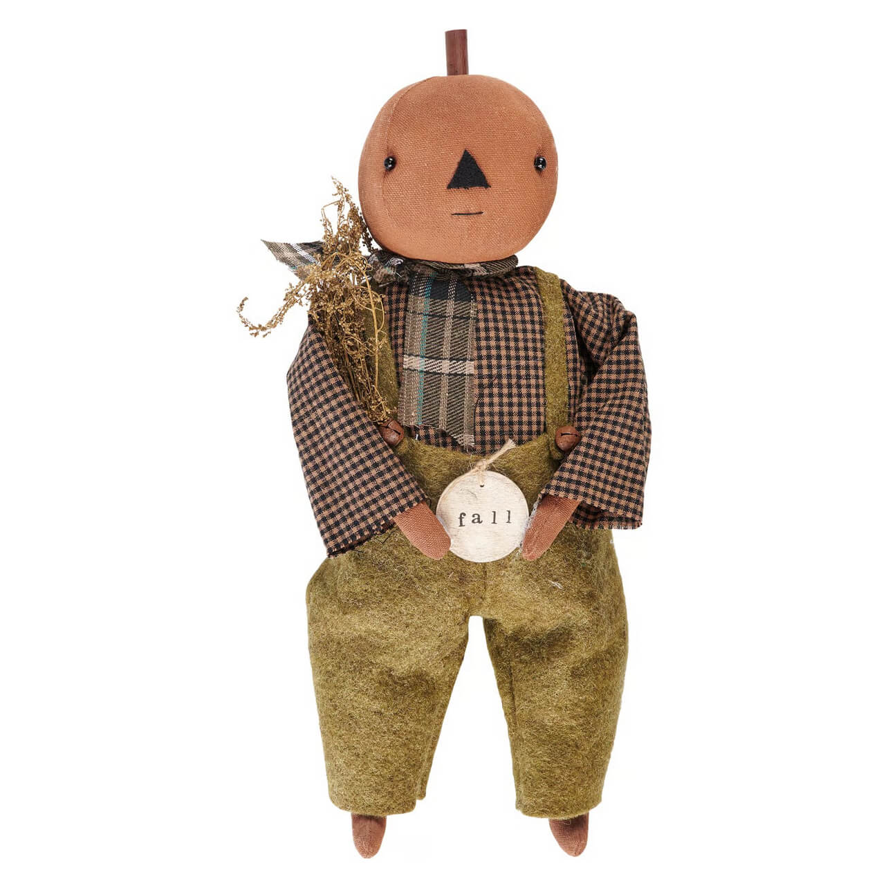 Fall freddy pumpkin doll is a rustic orange pumpkin-headed doll in checkered shirt and olive green overalls from kathy fall collection