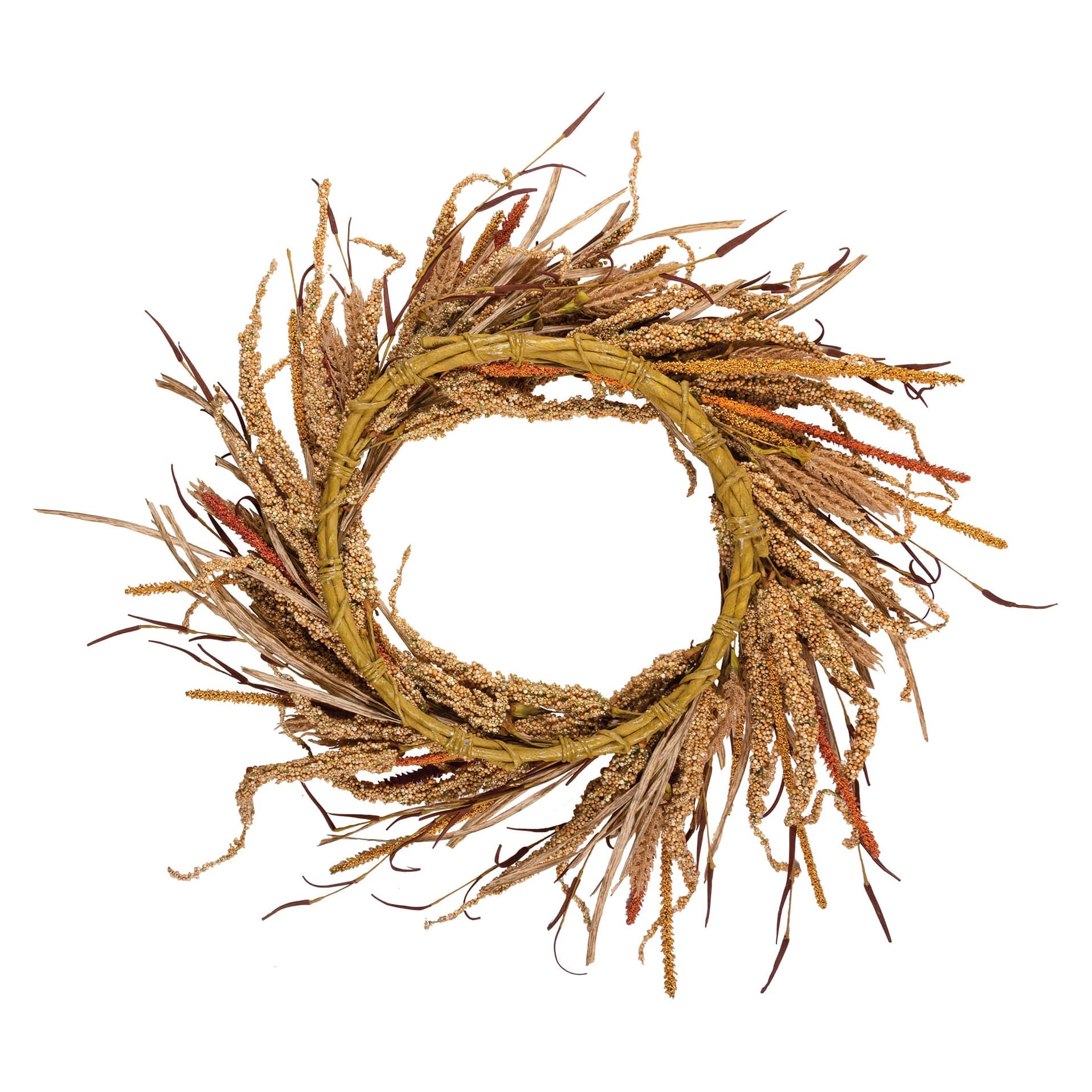 A rustic fall harvest wreath made of dried golden and brown grasses with orange seed sprays in a circular design