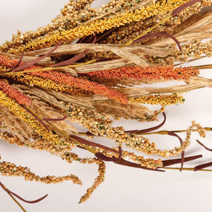 Fall harvest wreath with rustic dried grain seed sprays in warm gold amber and rust perfect for autumn decor