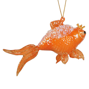 A shiny orange glass goldfish ornament with a golden crown glittery fins and sparkling beads cody foster ornament
