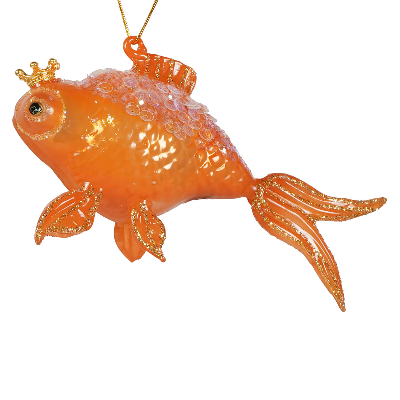A translucent orange glass goldfish ornament with glittery gold fins and a tiny crown by cody foster