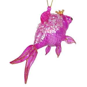 Vibrant pink glass goldfish ornament with sparkling sequins gold glitter and a tiny golden crown fish ornament
