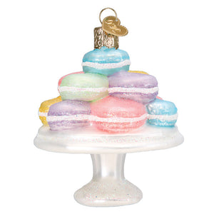 Fancy macarons ornament with colorful pastel layers glittery finish gold heart cap yellow macaroon ornament figural decor