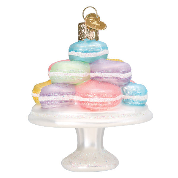 Fancy macarons ornament with colorful pastel layers glittery finish gold heart cap yellow macaroon ornament figural decor