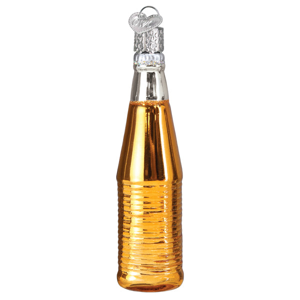 Golden glass fanta bottle ornament with silver cap and heart loop perfect as a figural decor or beer float ornament