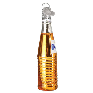 Golden glass fanta bottle ornament with silver cap and label perfect as a figural decor or beer float ornament