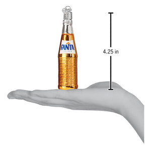 Golden fanta bottle ornament with silver cap and label designed as figural decor or beer float ornament